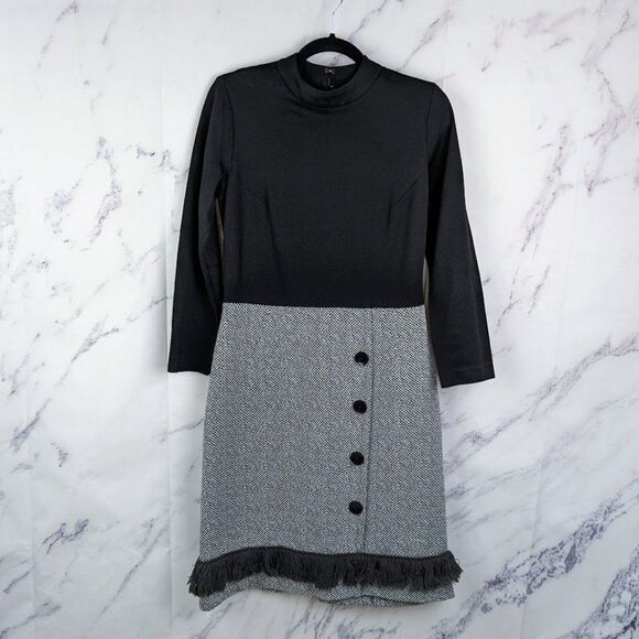 Vintage 70s Black Tweed Fringe Mock Neck Dress Long Sleeve ILGWU Mod Size Medium - Picture 1 of 9
